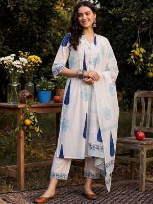 Women Ethnic Motifs Printed Regular Pure Cotton Kurta with Trousers & With Dupatta 6