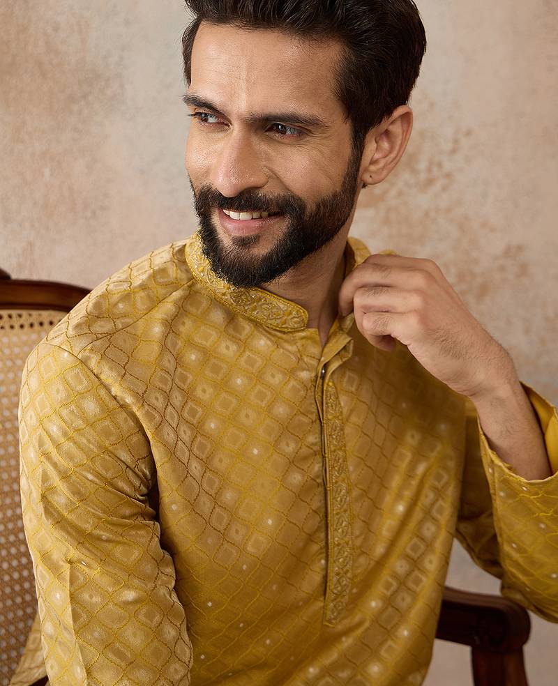 Mens yellow jacquard ethnic motifs embroidered kurta with trouser