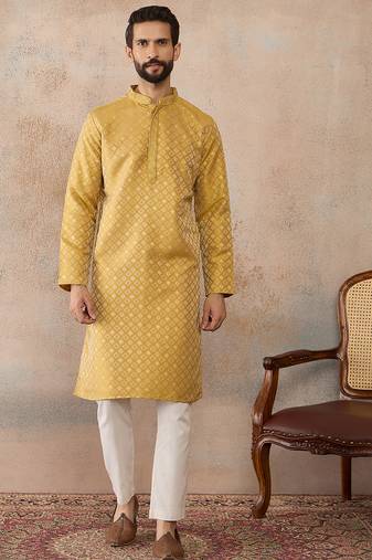 Mens yellow jacquard ethnic motifs embroidered kurta with trouser