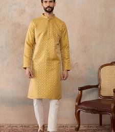 Mens yellow jacquard ethnic motifs embroidered kurta with trouser