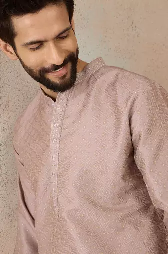 Mens lavender silk blend floral embroidered kurta