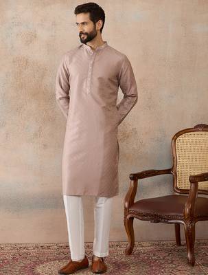 Mens lavender silk blend floral embroidered kurta 1