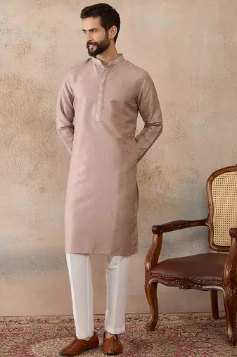 Mens lavender silk blend floral embroidered kurta