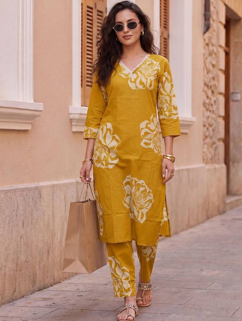 Women Floral Printed Regular Pure Cotton Kurta with Trousers