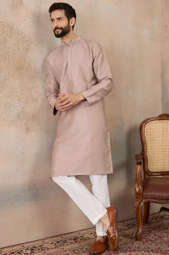 Mens lavender silk blend floral embroidered kurta