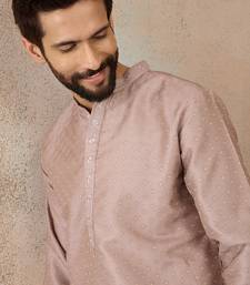 Mens lavender silk blend floral embroidered kurta with trouser