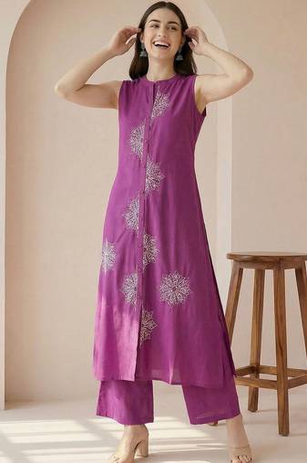 Women Ethnic Motifs Embroidered Regular Thread Work Pure Cotton Kurta with Palazzos
