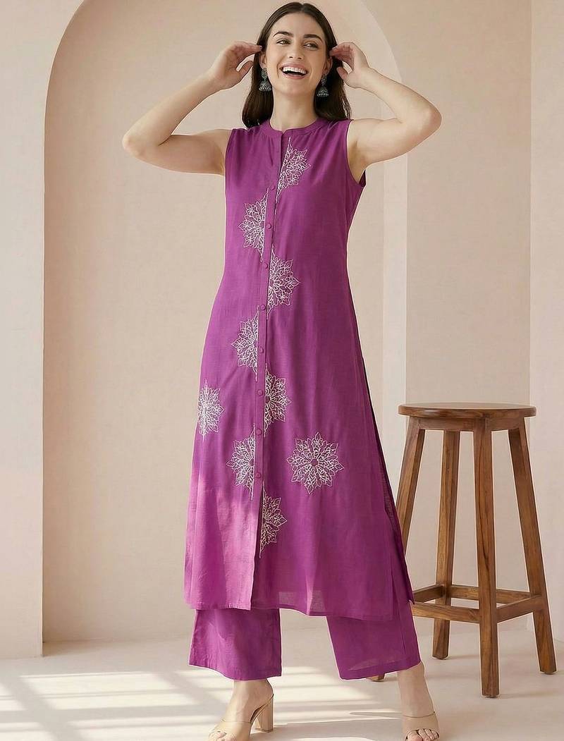 Women Ethnic Motifs Embroidered Regular Thread Work Pure Cotton Kurta with Palazzos