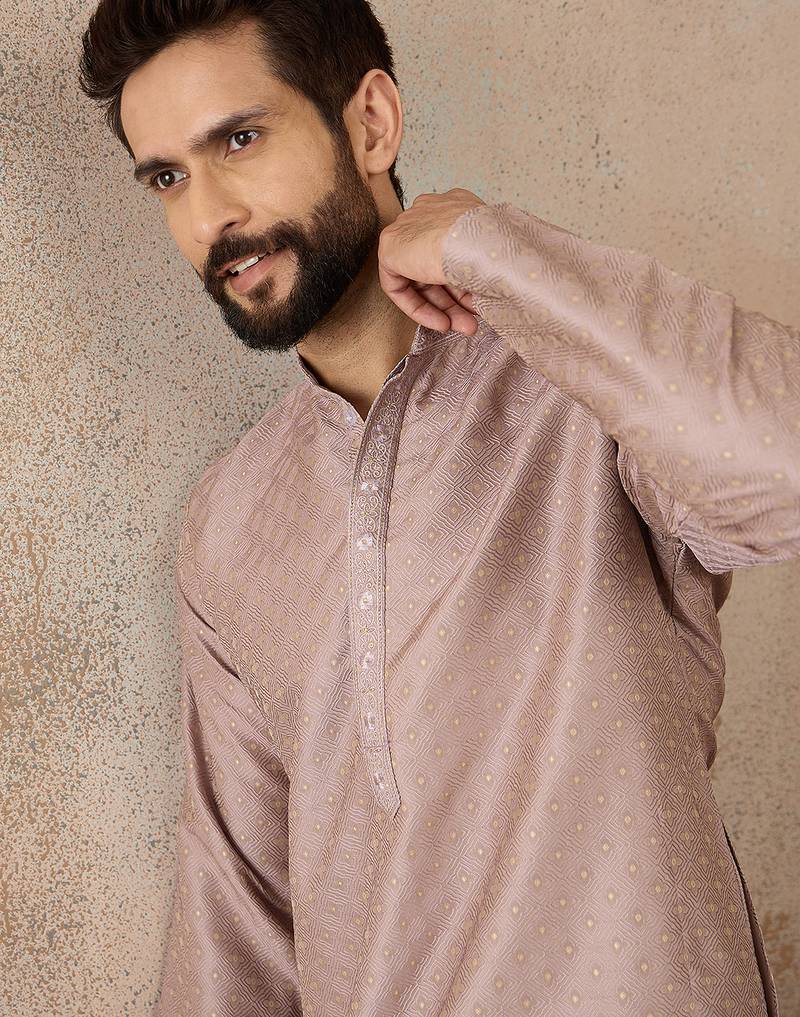 Mens lavender silk blend floral embroidered kurta with trouser