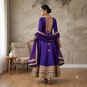 Purple silk blend   party wear embroidery anarkali suit set 3