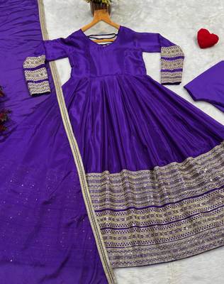 Purple silk blend   party wear embroidery anarkali suit set 4