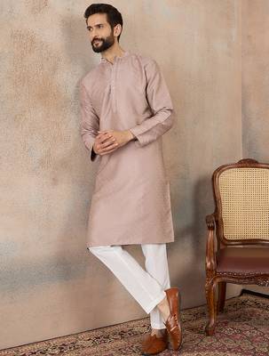 Mens lavender silk blend floral embroidered kurta with trouser 5
