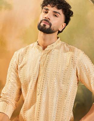 Mens cream viscose rayon solid embroidered kurta with trouser 2