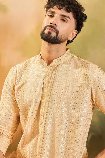 Mens cream viscose rayon solid embroidered kurta with trouser