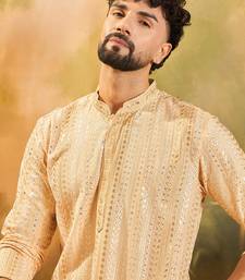 Mens cream viscose rayon solid embroidered kurta with trouser