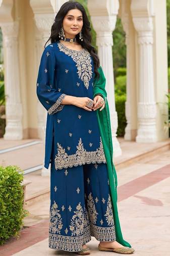 Women Ethnic Motifs Embroidered Regular Thread Work Kurta with Sharara & With Dupatta