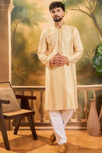 Mens cream viscose rayon solid embroidered kurta with trouser