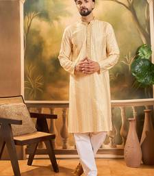 Mens cream viscose rayon solid embroidered kurta with trouser