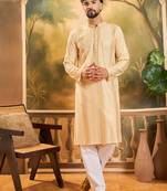 Mens cream viscose rayon solid embroidered kurta with trouser