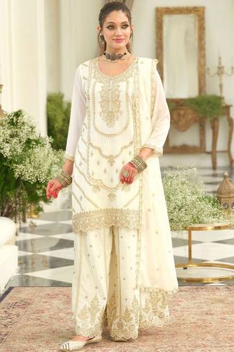 Floral Embroidered Thread Work Kurta With Palazzos & Dupatta