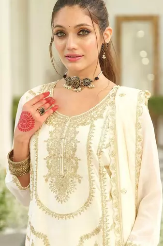 Floral Embroidered Thread Work Kurta With Palazzos & Dupatta