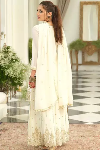 Floral Embroidered Thread Work Kurta With Palazzos & Dupatta