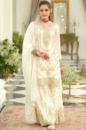 Floral Embroidered Thread Work Kurta With Palazzos & Dupatta
