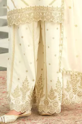 Floral Embroidered Thread Work Kurta With Palazzos & Dupatta
