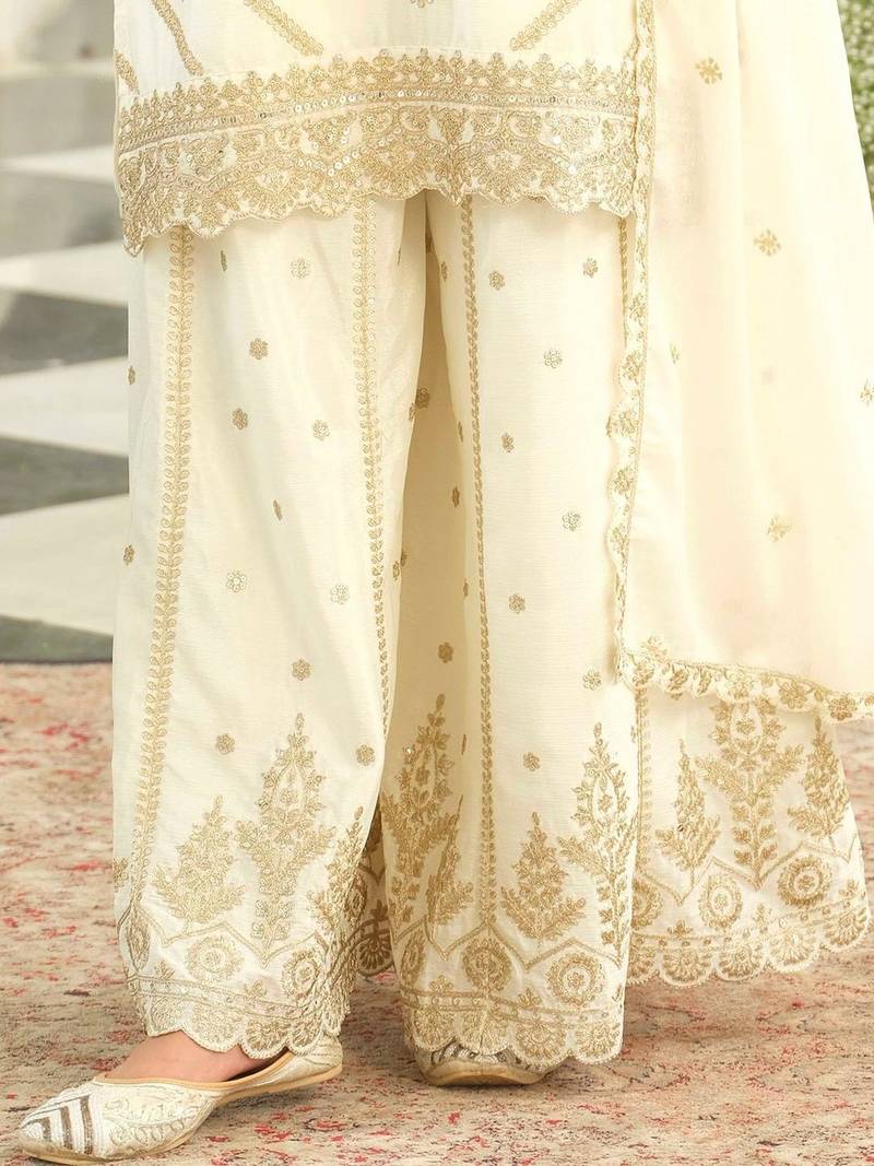Floral Embroidered Thread Work Kurta With Palazzos & Dupatta