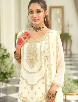 Floral Embroidered Thread Work Kurta With Palazzos & Dupatta 7