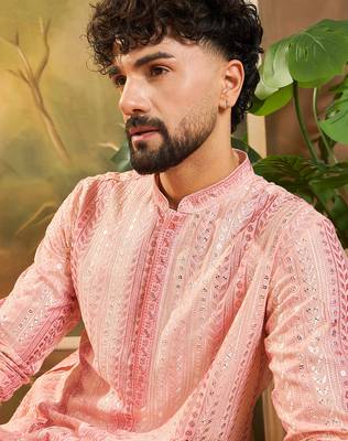 Mens viscose rayon peach solid embroidered kurta with trouser 2