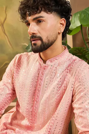Mens viscose rayon peach solid embroidered kurta with trouser