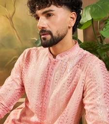 Mens viscose rayon peach solid embroidered kurta with trouser