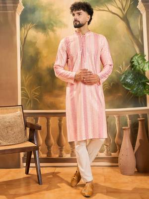 Mens viscose rayon peach solid embroidered kurta with trouser 1