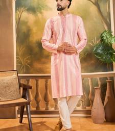 Mens viscose rayon peach solid embroidered kurta with trouser