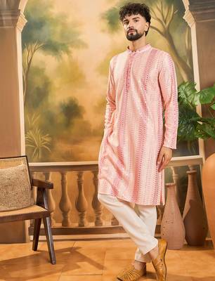 Mens viscose rayon peach solid embroidered kurta with trouser 3