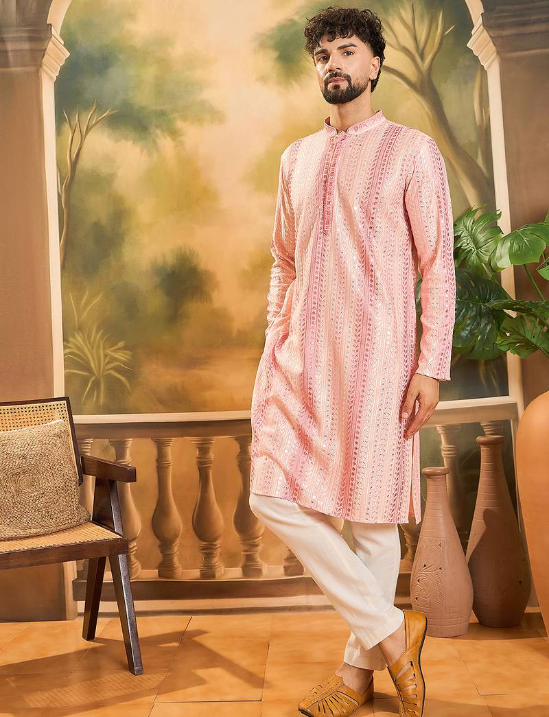 Mens viscose rayon peach solid embroidered kurta with trouser