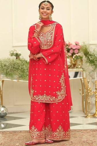 Paisley Embroidered Sweetheart Neck Straight Zari Kurta With Palazzos & Dupatta