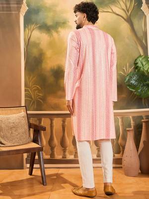 Mens viscose rayon peach solid embroidered kurta with trouser 4