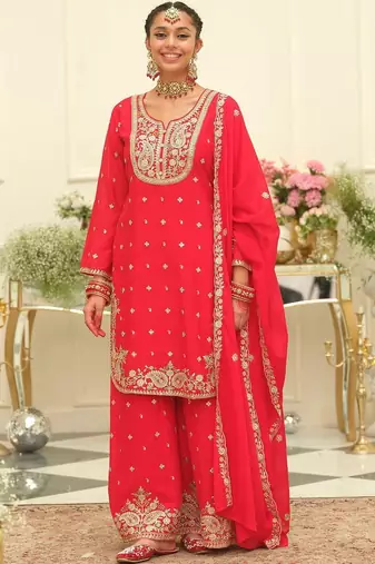 Paisley Embroidered Sweetheart Neck Straight Zari Kurta With Palazzos & Dupatta