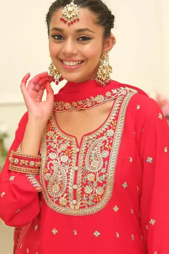 Paisley Embroidered Sweetheart Neck Straight Zari Kurta With Palazzos & Dupatta