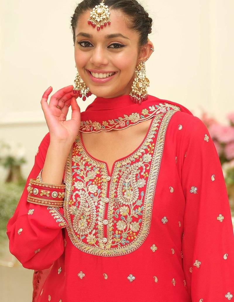 Paisley Embroidered Sweetheart Neck Straight Zari Kurta With Palazzos & Dupatta