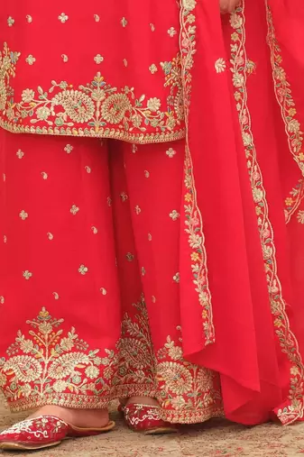 Paisley Embroidered Sweetheart Neck Straight Zari Kurta With Palazzos & Dupatta