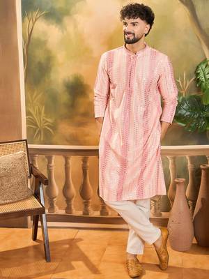 Mens viscose rayon peach solid embroidered kurta with trouser 5