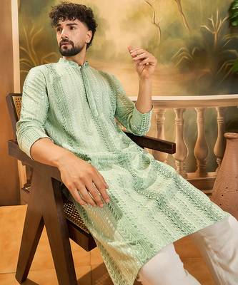 Mens viscose rayon green solid embroidered kurta with trouser 1