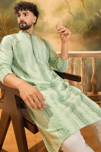 Mens viscose rayon green solid embroidered kurta with trouser