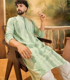 Mens viscose rayon green solid embroidered kurta with trouser