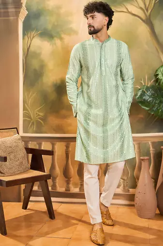 Mens viscose rayon green solid embroidered kurta with trouser
