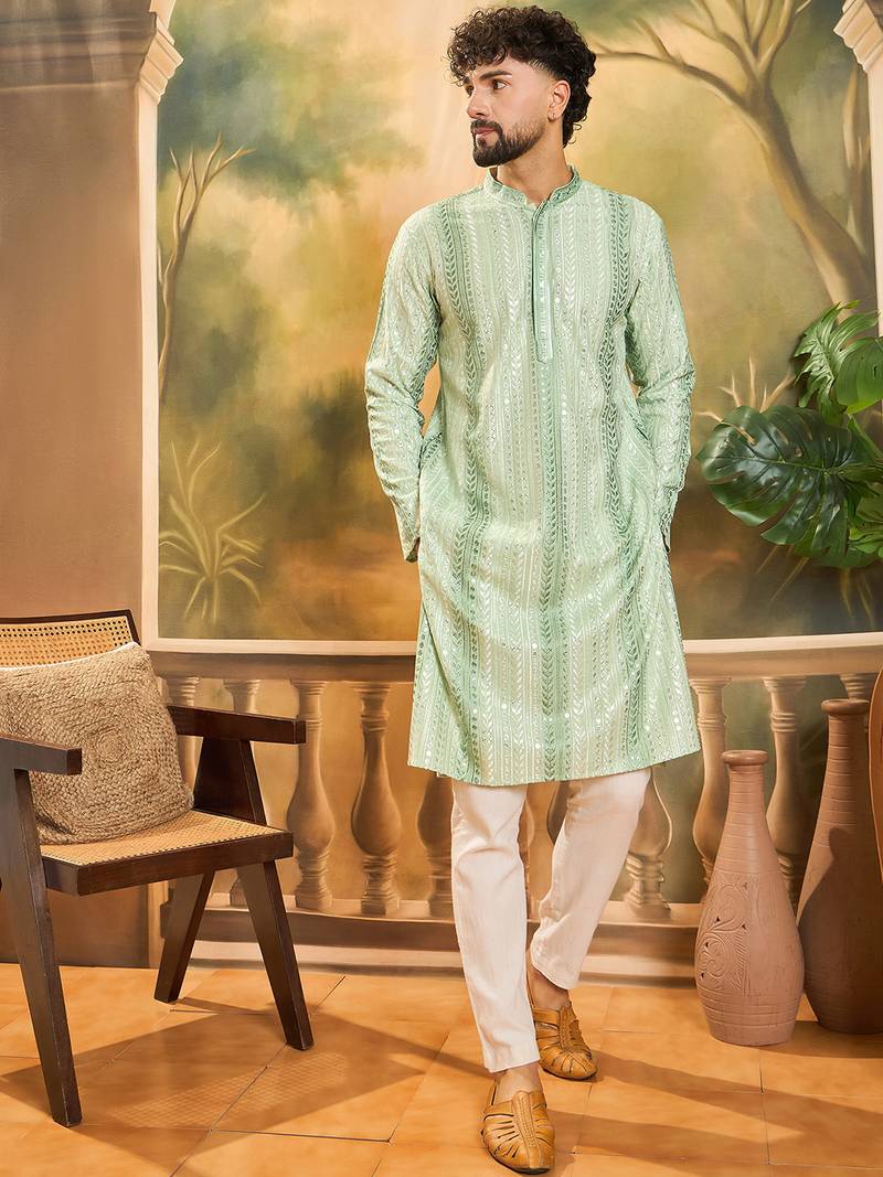Mens viscose rayon green solid embroidered kurta with trouser
