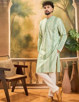 Mens viscose rayon green solid embroidered kurta with trouser 3